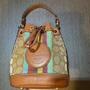 Coach Mini Dempsey Bucket In Signature Jacquard With Stripe And Coach Patch